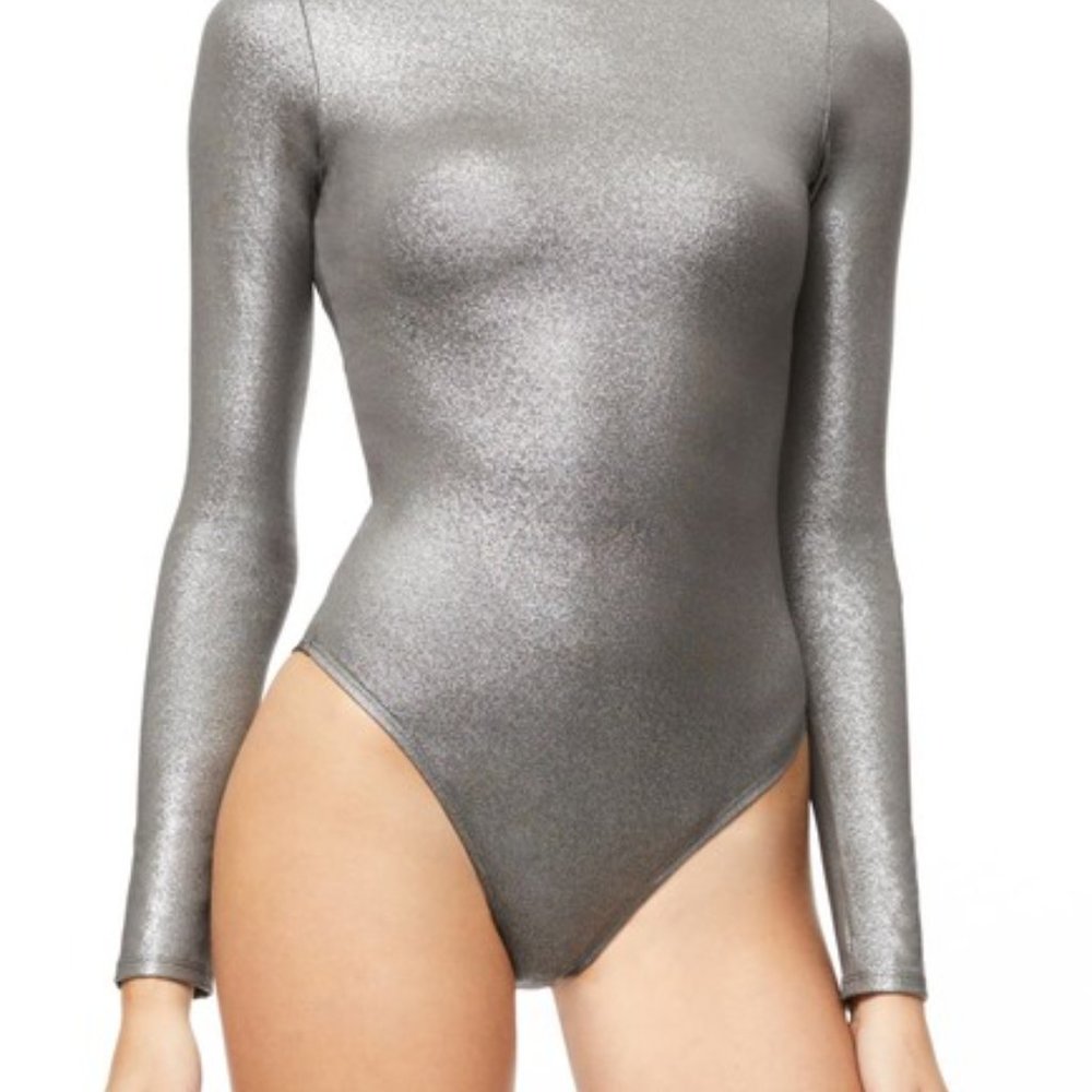 Good American Silver Starlit Mockneck Bodysuit Long Sleeves Size 5  2XL New